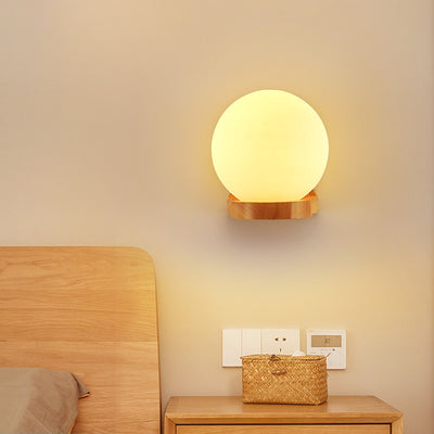 Modern Minimalist Orb Shape Wood Glass 1-Light Wall Sconce Lamp For Bedroom