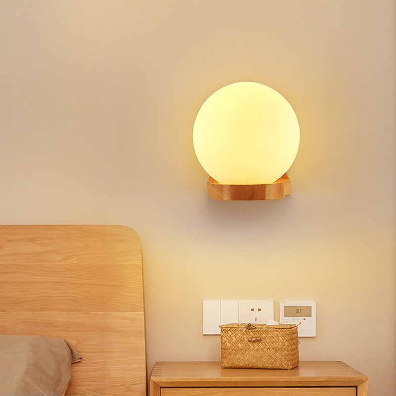 Modern Minimalist Orb Shape Wood Glass 1-Light Wall Sconce Lamp For Bedroom