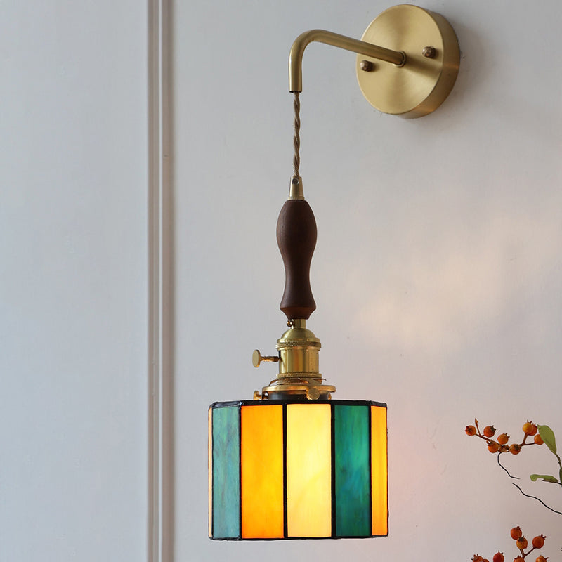 Contemporary Retro Stained Glass Cylinder Copper Glass 1-Light Wall Sconce Lamp For Bedroom