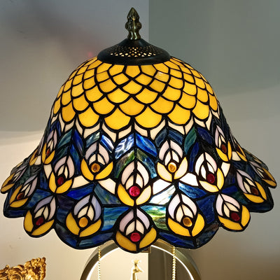 Traditional Tiffany Copper Glass Dome Round Peacock Cockatoo 1-Light Table Lamp For Bedroom