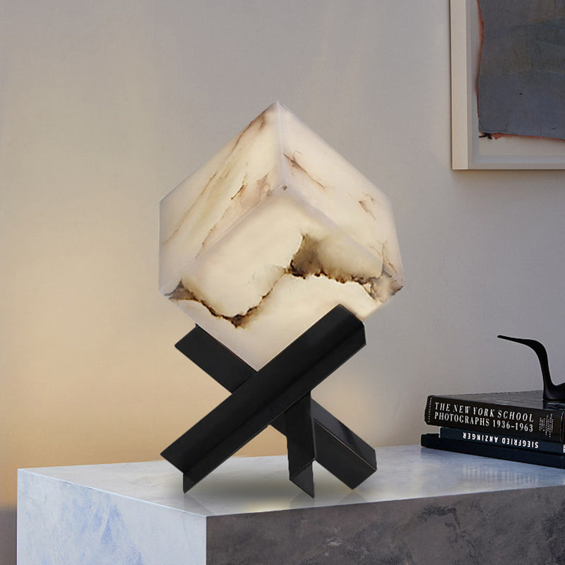 Modern Minimalist Textured Square Stainless Steel Marble 1-Light Table Lamp For Bedroom