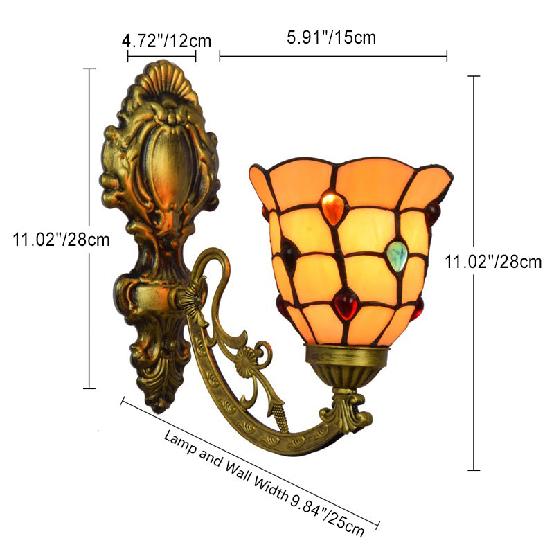 Traditional Tiffany Iron Crystal Stained Glass Flower 1-Light Wall Sconce Lamp For Living Room