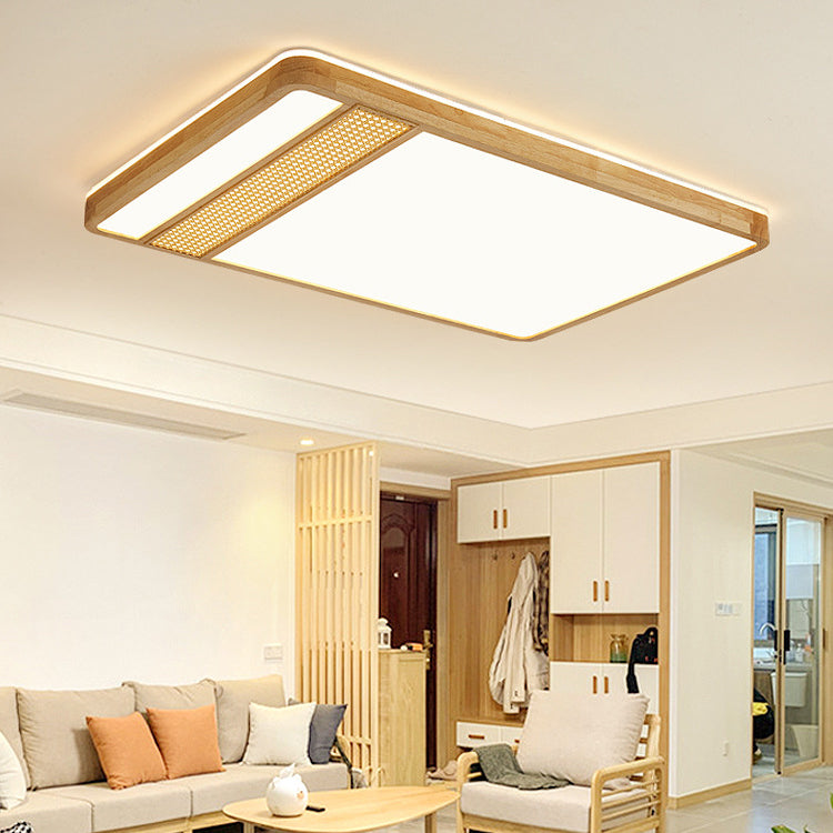 Modern Minimalist Square Solid Wood Acrylic LED Flush Mount Ceiling Light For Living Room