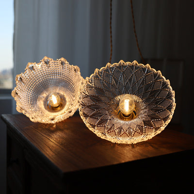 Traditional Japanese Round Flower Glass Brass Iron 1-Light Pendant Light For Living Room