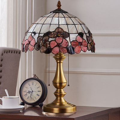 Traditional Tiffany Shell Stained Glass Shade Full Copper Base 1-Light Table Lamp For Bedroom