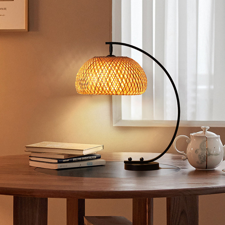 Traditional Chinese Curved Pole Round Mesh Shade Iron Bamboo 1-Light Table Lamp For Bedroom