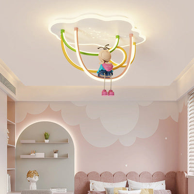 Contemporary Creative Cartoon Astronaut Cloud Iron Aluminum Rainbow Curve LED Kids Flush Mount Ceiling Light For Bedroom