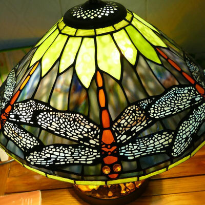 Traditional Tiffany Iron Glass Conic Dragonfly Water Lily 2/3 Light Table Lamp For Study