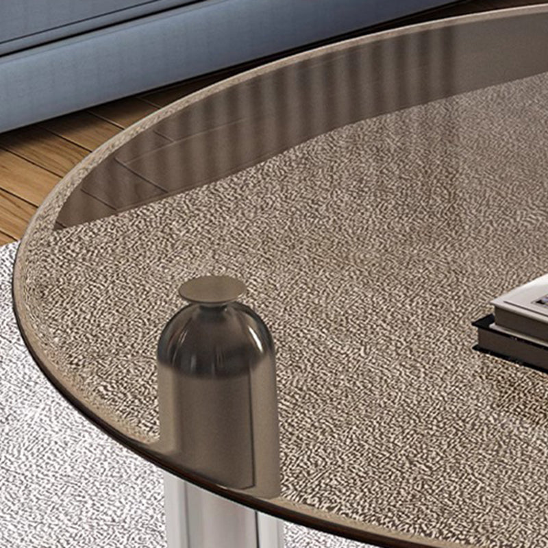 Modern Minimalist Round Cylinder Base Glass Stainless Steel Coffee Table For Living Room