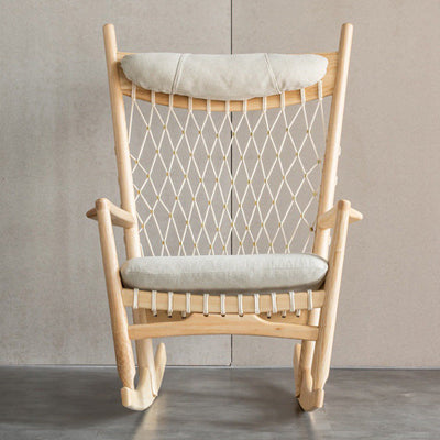 Contemporary Nordic Weaving Ash Wood Cotton Rope Velvet Cotton Square Rocking Chair Recliner Armrest For Living Room