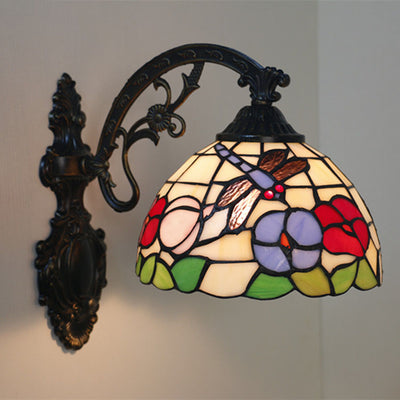 Traditional Tiffany Half Ball Floral Hanging Rod Iron Glass 1-Light Wall Sconce Lamp For Bedroom