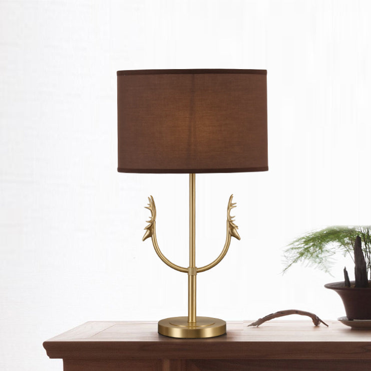 Contemporary Retro Fabric Brass Cylinder Deer 1-Light Table Lamp For Bedside