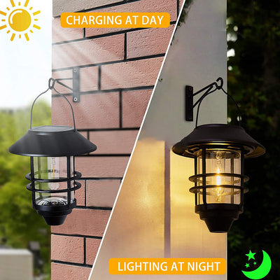 Contemporary Retro Solar Waterproof Aluminum Glass Lantern Cylinder 1-Light Hanging Wall Sconce Lamp For Outdoor Patio