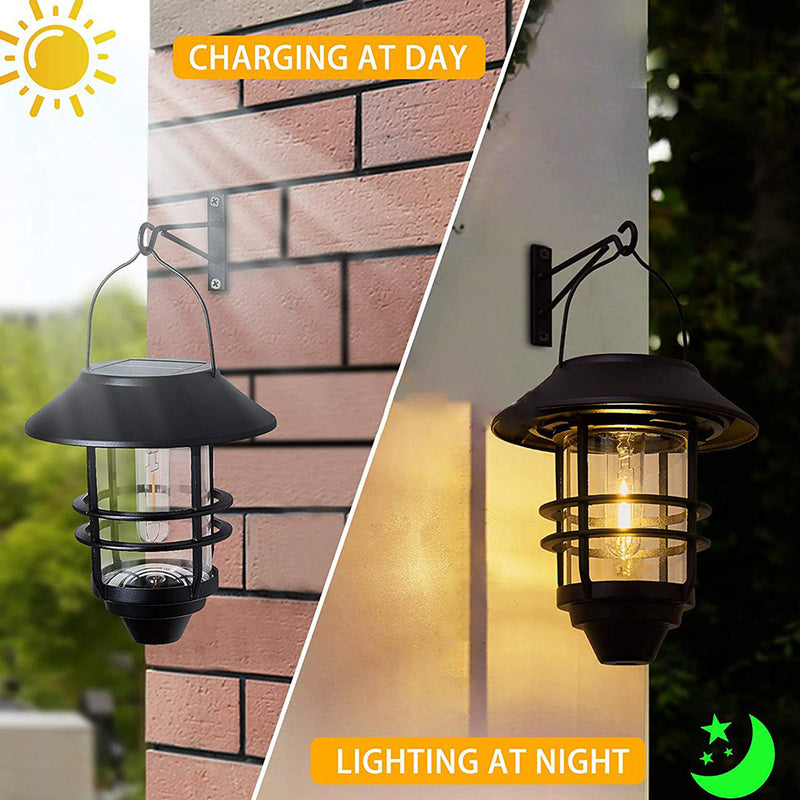 Contemporary Retro Solar Waterproof Aluminum Glass Lantern Cylinder 1-Light Hanging Wall Sconce Lamp For Outdoor Patio