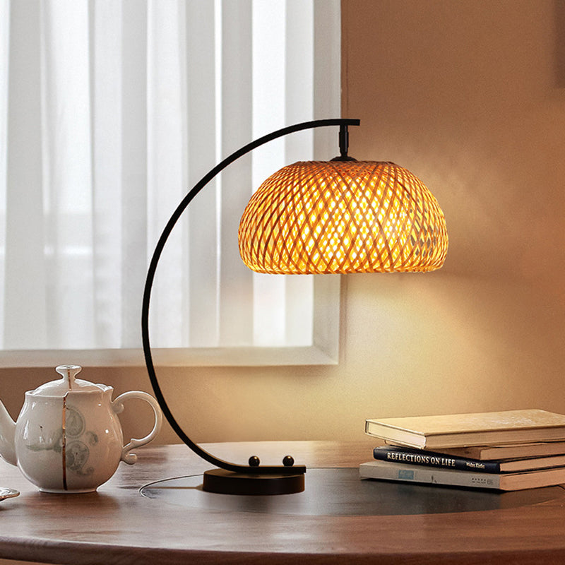 Traditional Chinese Curved Pole Round Mesh Shade Iron Bamboo 1-Light Table Lamp For Bedroom