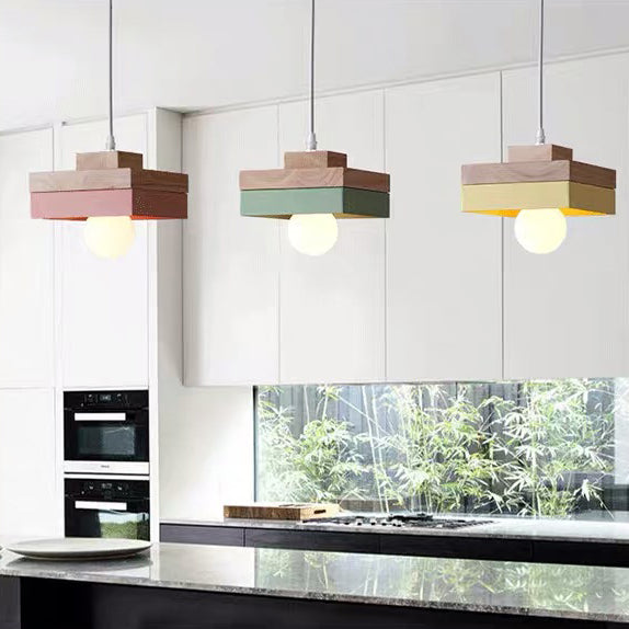 Modern Minimalist Macaron Square Iron Wood 1-Light Pendant Light For Living Room