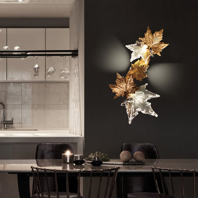 Applique murale à 2 lumières au design contemporain et créatif en cuivre et verre avec feuilles d'érable pour salon 