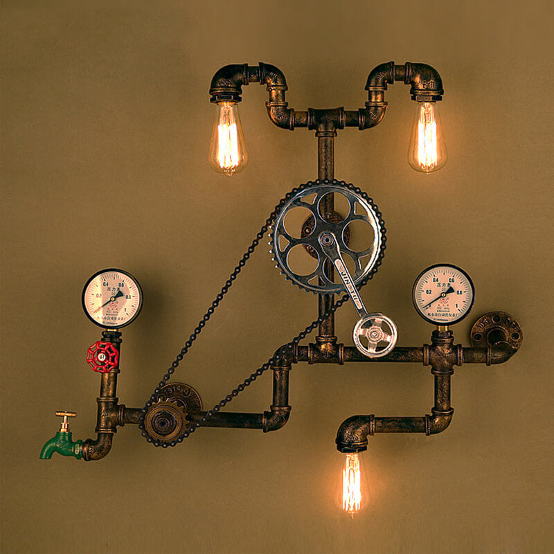 Contemporary Industrial Iron Plumbing Gear 3-Light Wall Sconce Lamp For Living Room