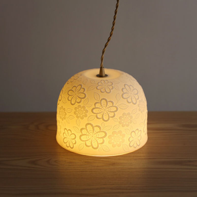 Nordic Vintage Flower Pattern Ceramic Round Drum 1-Light Pendant Light