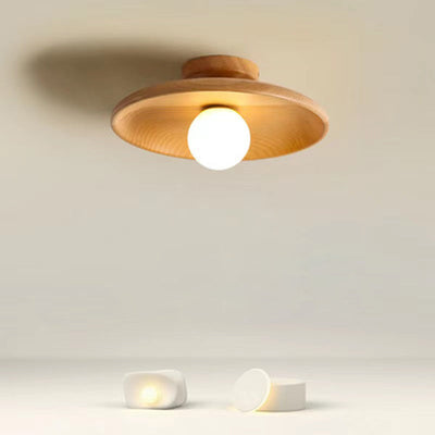 Contemporary Simplicity Round Wood Glass 1-Light Semi-Flush Mount Ceiling Light For Living Room