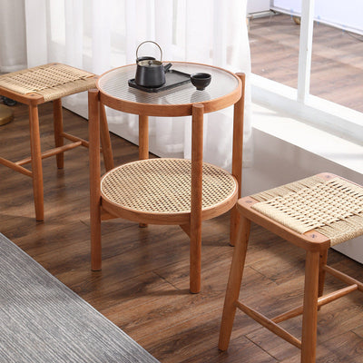 Traditional Japanese Rectangular Rope Woven Wooden Bar Stool For Dining Room