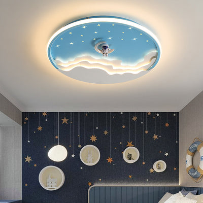 Contemporary Creative Kids Round Cloud Astronaut Iron LED Flush Mount Ceiling Light For Bedroom