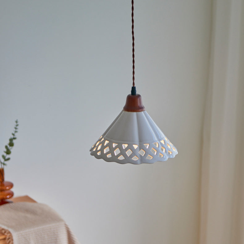 Traditional Chinese Hollow Cone Ceramic Solid Wood 1-Light Pendant Light For Bedroom