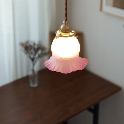 Traditional Japanese Glass Flower Copper 1-Light Pendant Light For Living Room