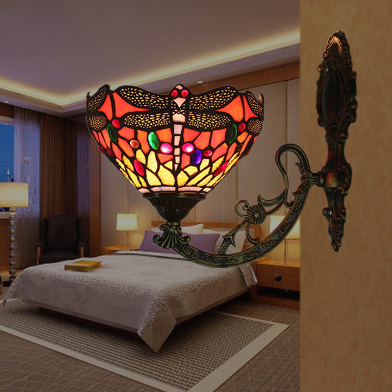 Traditional Tiffany Half Ball Floral Dragonfly Iron Glass 1-Light Wall Sconce Lamp For Bedroom