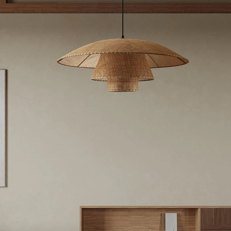 Traditional Japanese Triple Round Rattan 1-Light Chandelier For Living Room