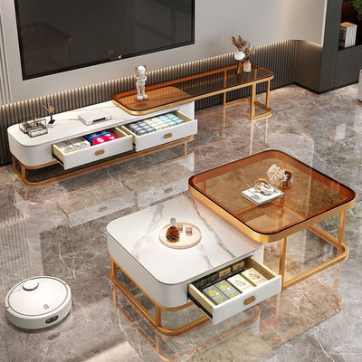 Modern Luxury Square Glass Top Nesting Coffee Table Drawer For Living Room