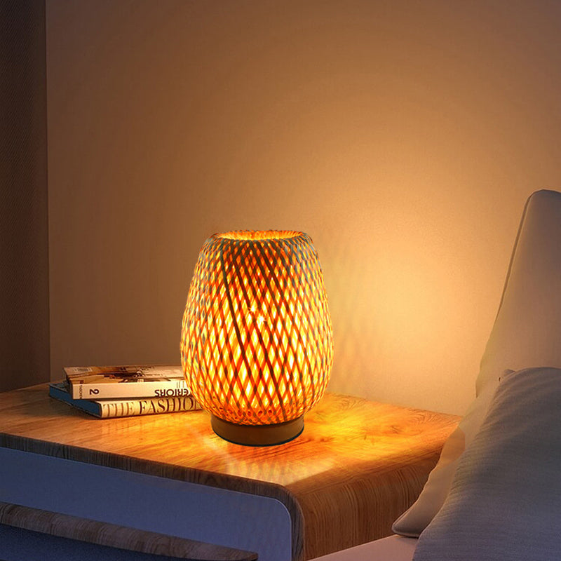 Traditional Chinese Bamboo Weaving Lantern 1-Light Table Lamp For Bedroom