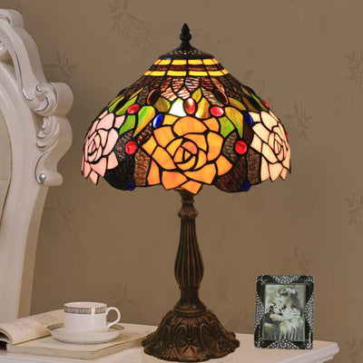 Traditional Tiffany Bloom Floral Stained Glass 1 - Light Table Lamp For Bedroom