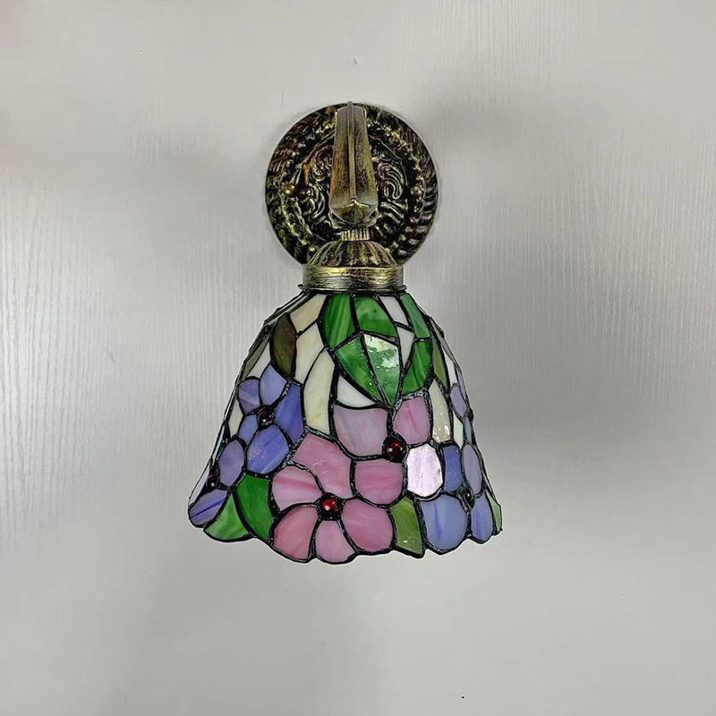 Traditional Tiffany Flower Cup Zinc Alloy Stained Glass 1-Light Wall Sconce Lamp For Bedroom