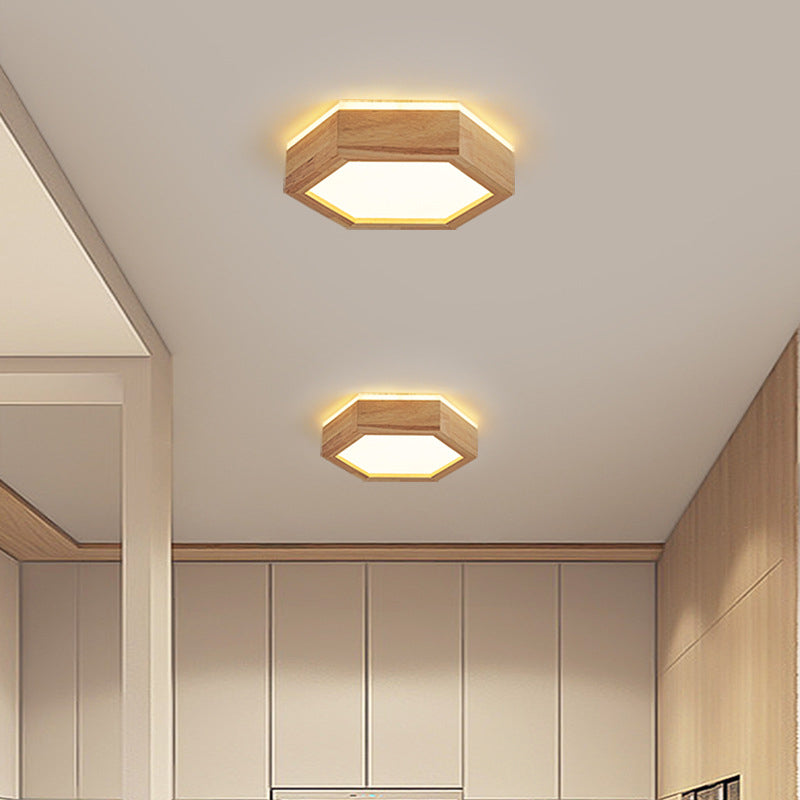 Traditional Japanese Hexagon Wood Acrylic LED Flush Mount Ceiling Light For Living Room