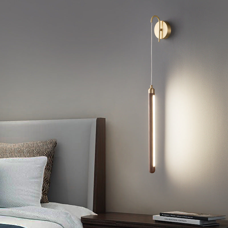 Modern Minimalist Linear Wood Copper Acrylic LED Wall Sconce Lamp For Bedroom