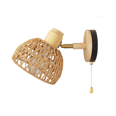 Traditional Farmhouse Paper Rattan Weaving Hollow Out Dome 1-Light Wall Sconce Lamp For Bedroom