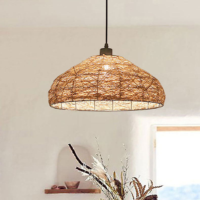 Traditional Chinese Rattan Weaving Round Shade 1-Light Pendant Light For Dining Room