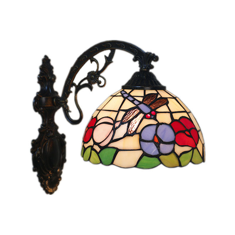 Traditional Tiffany Half Ball Floral Hanging Rod Iron Glass 1-Light Wall Sconce Lamp For Bedroom