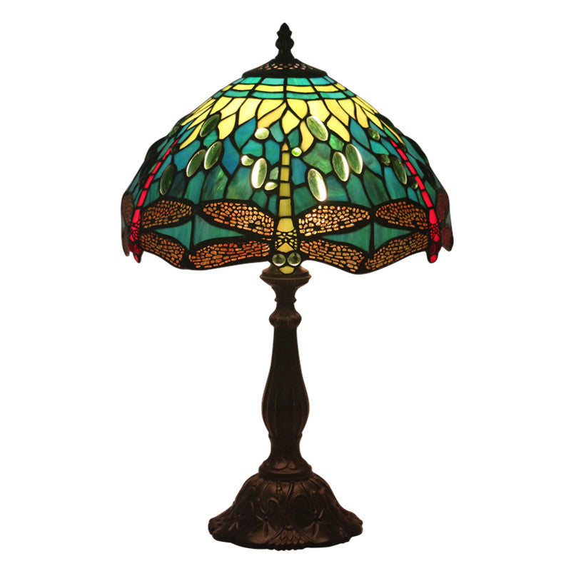 Traditional Tiffany Stained Glass Animal Dragonfly Pattern Zinc Alloy Base 1-Light Table Lamp For Bedroom