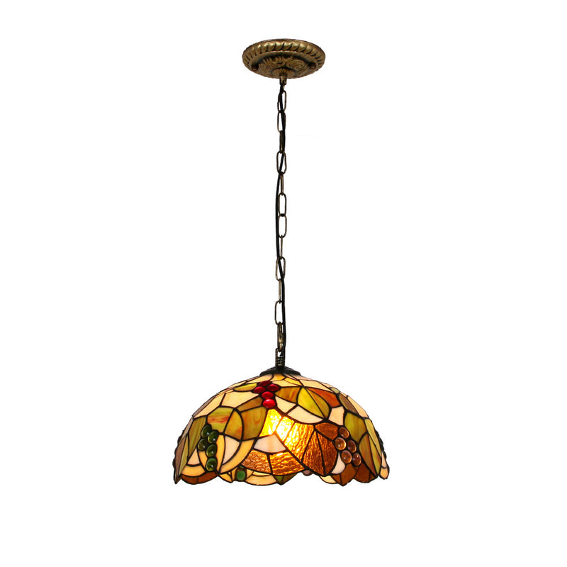 Traditional Tiffany Grape Stained Glass Round 1-Light Pendant Light For Dining Room