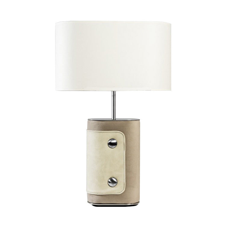 Modern Transitional Fabric Cylinder Shade Leather Column Base 1-Light Table Lamp For Bedroom