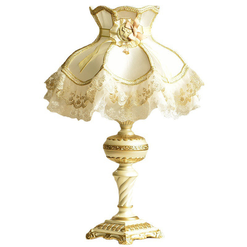 Traditional European Gorgeous Fabric Lace Shade Carved Square Base 1-Light Table Lamp For Bedroom