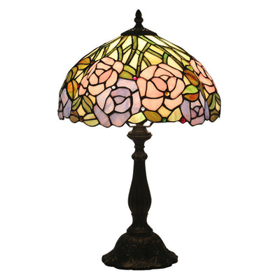 Traditional Tiffany Rose Flower Stained Glass Dome 1-Light Table Lamp For Bedroom