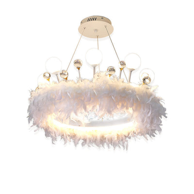 Contemporary Creative Crown Acrylic Ring Feather Decor LED Chandelier For Living Room