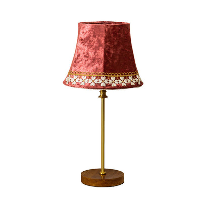 Traditional European Drum Velvet Copper Wood 1-Light Table Lamp For Living Room