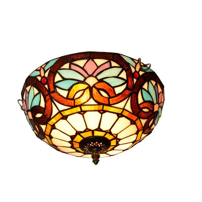 Traditional Tiffany Dome Iron Glass 2-Light Flush Mount Light For Living Room