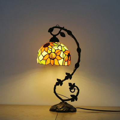 Traditional Tiffany Half Round Flower Vine Resin Stained Glass 1 Light Table Lamp For Bedroom