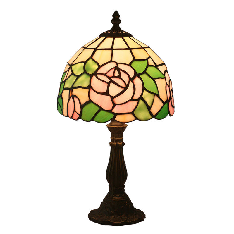 Traditional Tiffany Rose Flower Stained Glass Shade Zinc Alloy Base 1-Light Table Lamp For Study