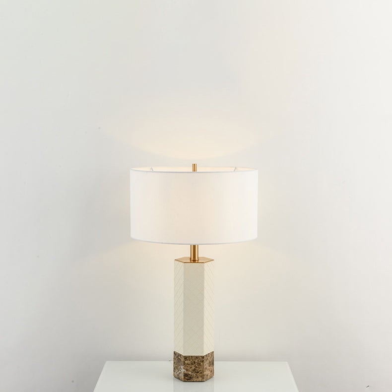 Modern Minimalist Hexagonal Column Round Marble Leather Fabric 1-Light Table Lamp For Bedroom